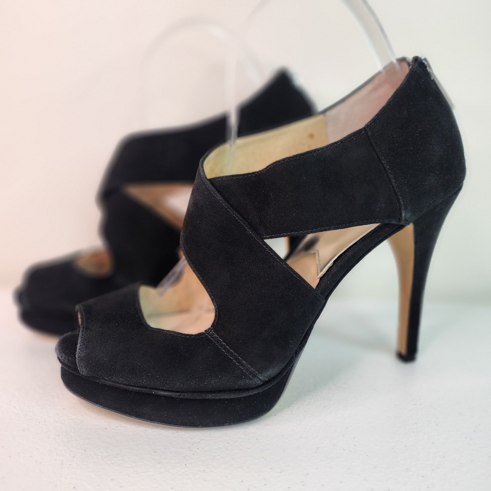 Black Suede Quiet Luxury Peep Toe Crisscross Heels 8 Platform Minimalist Zip